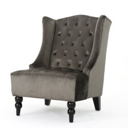 Toddman - Hi Back Club Chair Velvet With Wingback Design And ButtonTufted Detailing - Gray