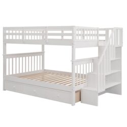 Full Over Full Stairway Bunk Bed With Drawer, Storage And Guard Rail For Bedroom - White