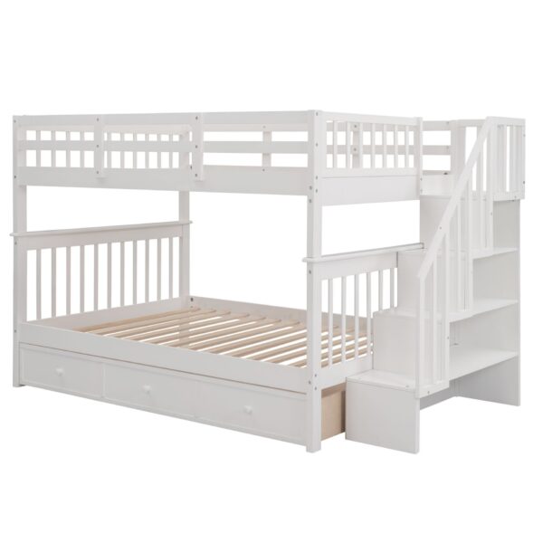 Full Over Full Stairway Bunk Bed With Drawer, Storage And Guard Rail For Bedroom - White
