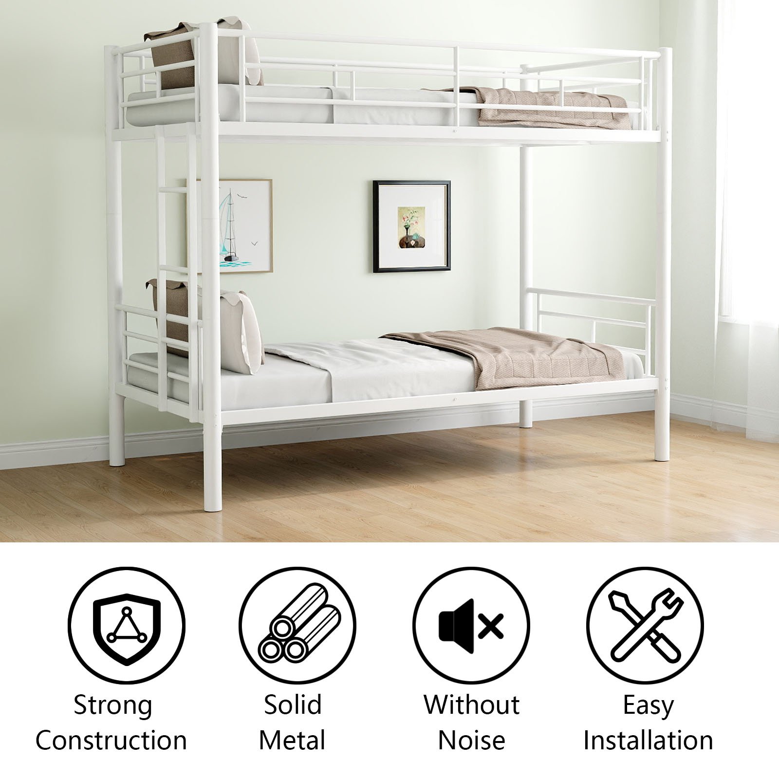Twin Over Twin Bunk Bed With Ladder, High Guardrail, Storage, Noise Free - White - Image 7