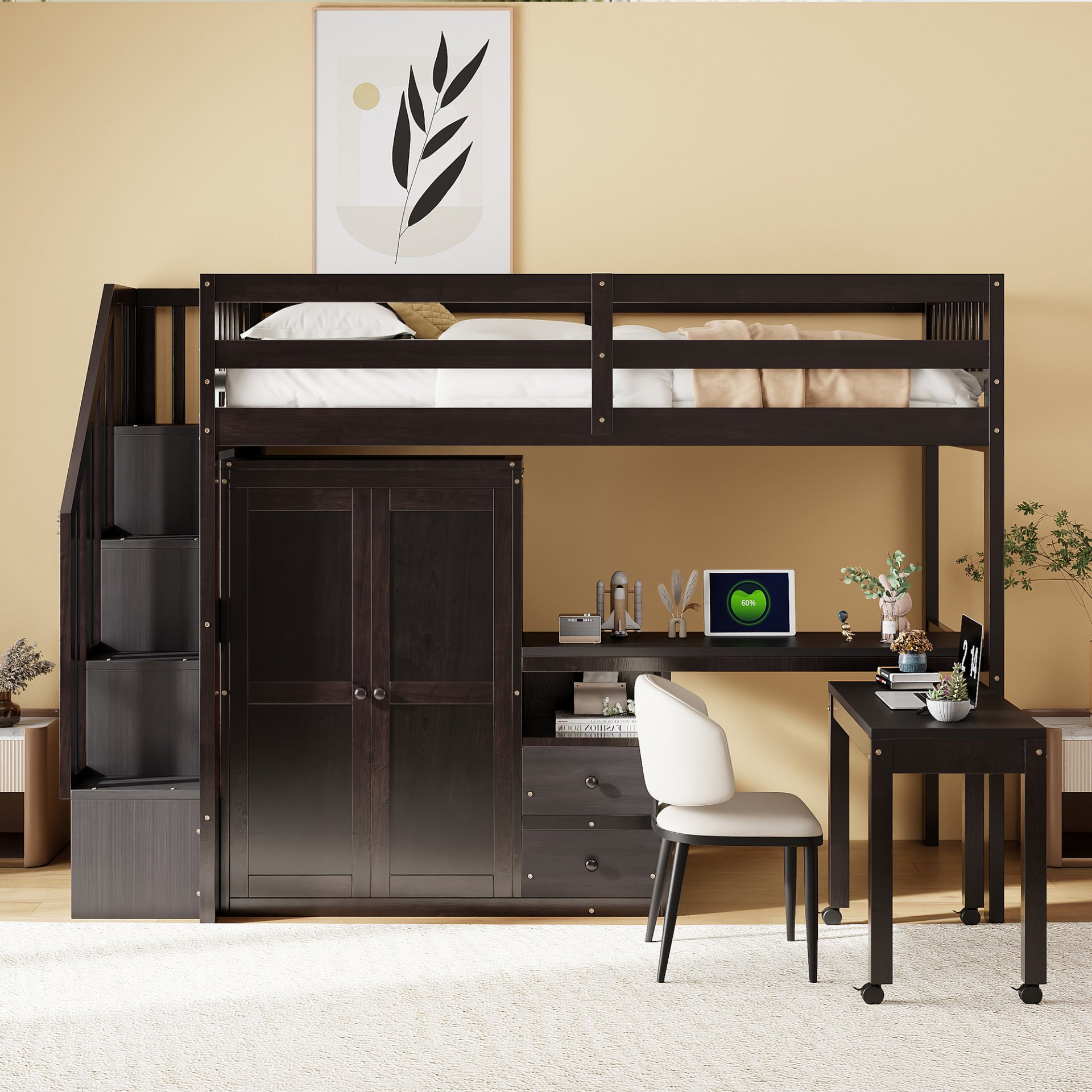 Twin Size Loft Bed With Stairs, Bookshelf, Drawers, Desk & Wardrobe, Space Saving Multifunctional Furniture - Espresso - Image 2