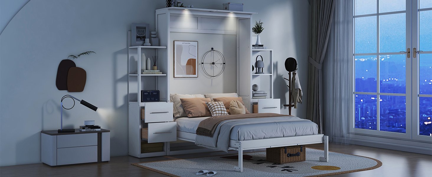 Full Size Murphy Wall Bed With Shelves, Drawers And LED Lights - White - Image 27