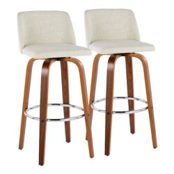 Toriano - Mid-Century Modern Fixed Height Barstool Swivel With Round Footrest (Set of 2) - Walnut / Cream