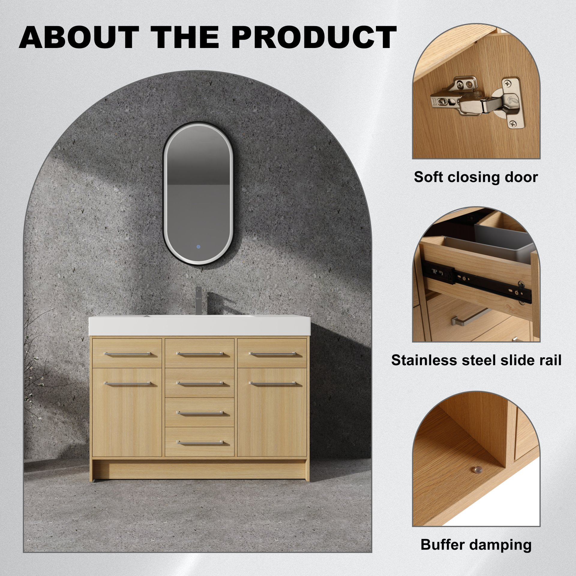 Original 48" Freestanding Bathroom Vanity With Resin Sink Soft Closing Doors And Drawers Plywood Construction - Oak - Image 2