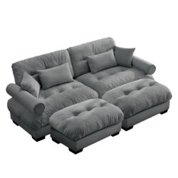 Modern Over Size Velvet 2 Seater Sofa With Ottoman And Round Bolster Armrests - Gray