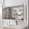 Bathroom Medicine Cabinet With Lights, LED Medicine Cabinet With Mirror, Double Door Lighted Medicine Cabinet & Defogger, Dimmer, Clock & Temp Display, 2 Outlets & USB Ports - Silver - Image 3