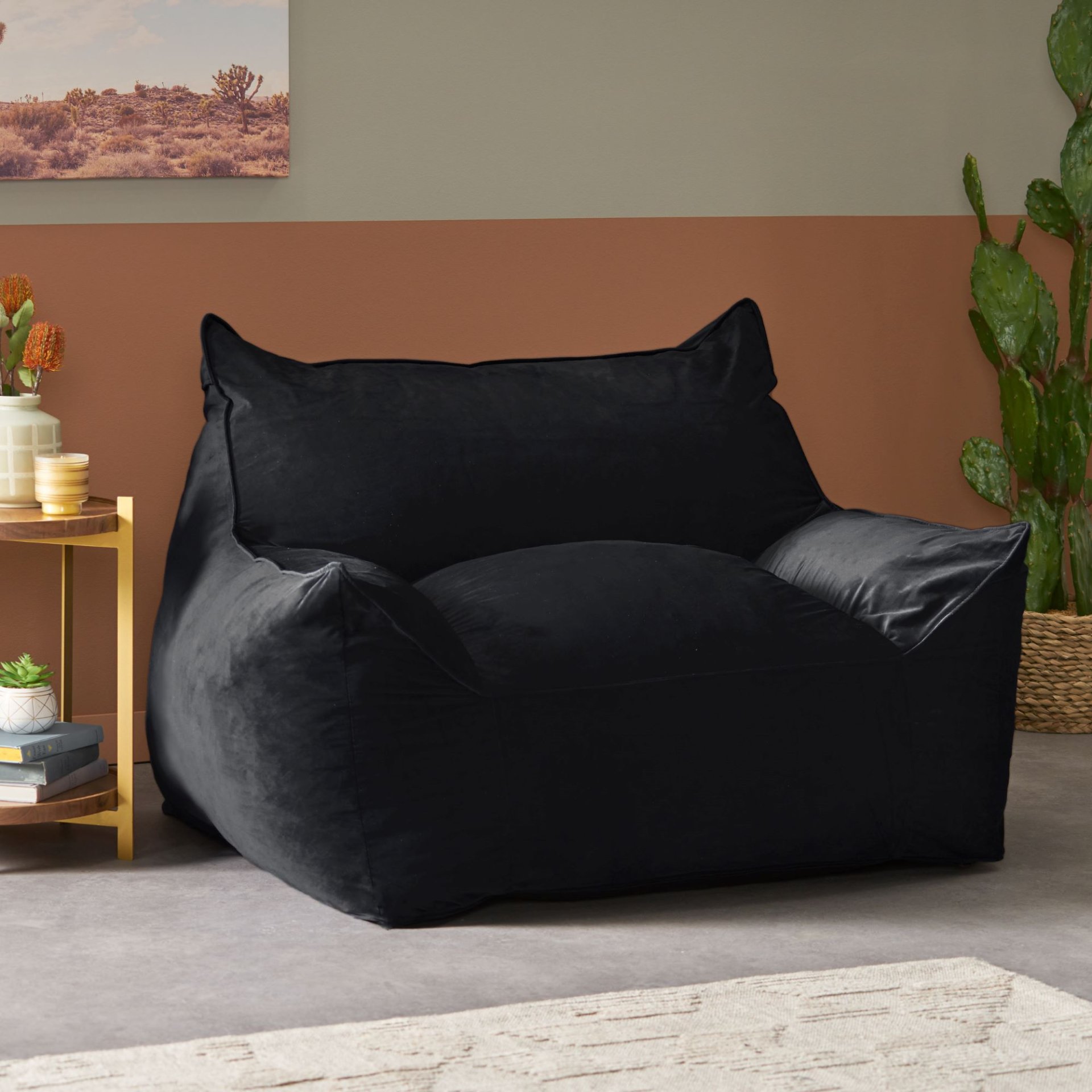 Allea - Velveteen Bean Bag Chair With Armrests - Midnight Blue - Image 2