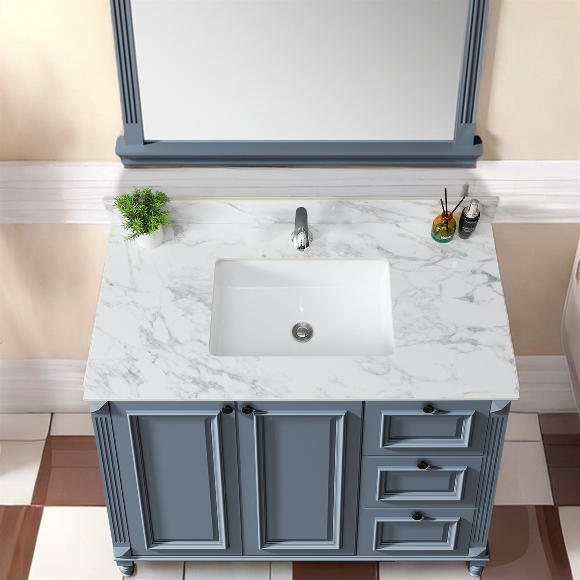 Sintered Stone Bathroom Vanity Top With Rectangular Undermount Ceramic Sink And Backsplash, Single Faucet Hole - Carrara White - Image 2