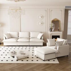 3 Piece Living Room Set Modular L Shaped Sectional Couch Upholstered, 3 Seater Sofa & Armchair & Movable Ottoman 5 Seat - Beige