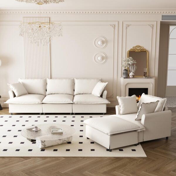 3 Piece Living Room Set Modular L Shaped Sectional Couch Upholstered, 3 Seater Sofa & Armchair & Movable Ottoman 5 Seat - Beige
