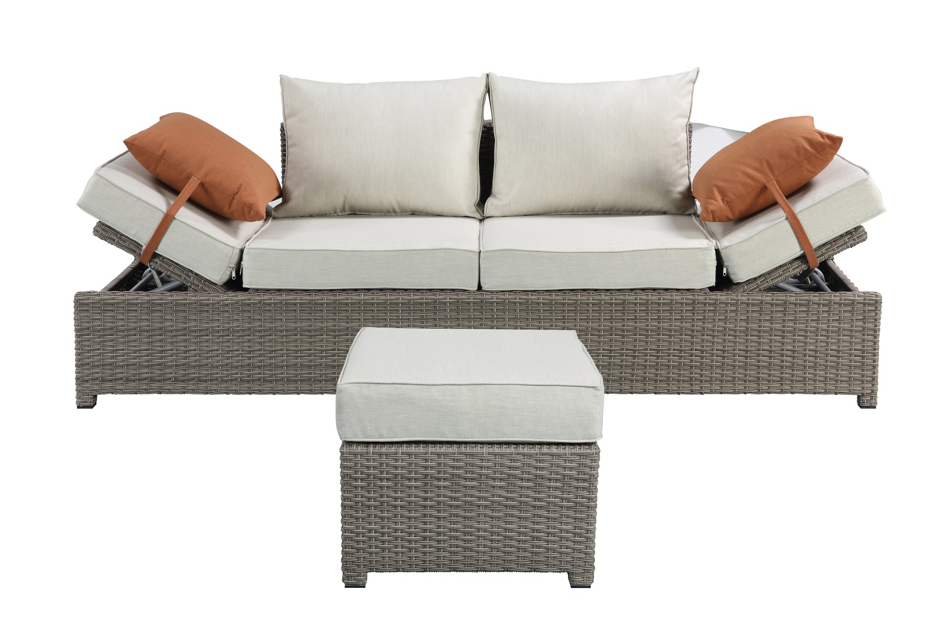 Salena - All Weather Wicker Patio Sofa & Ottoman With 2 Toss Pillows - Beige / Gray - Image 4