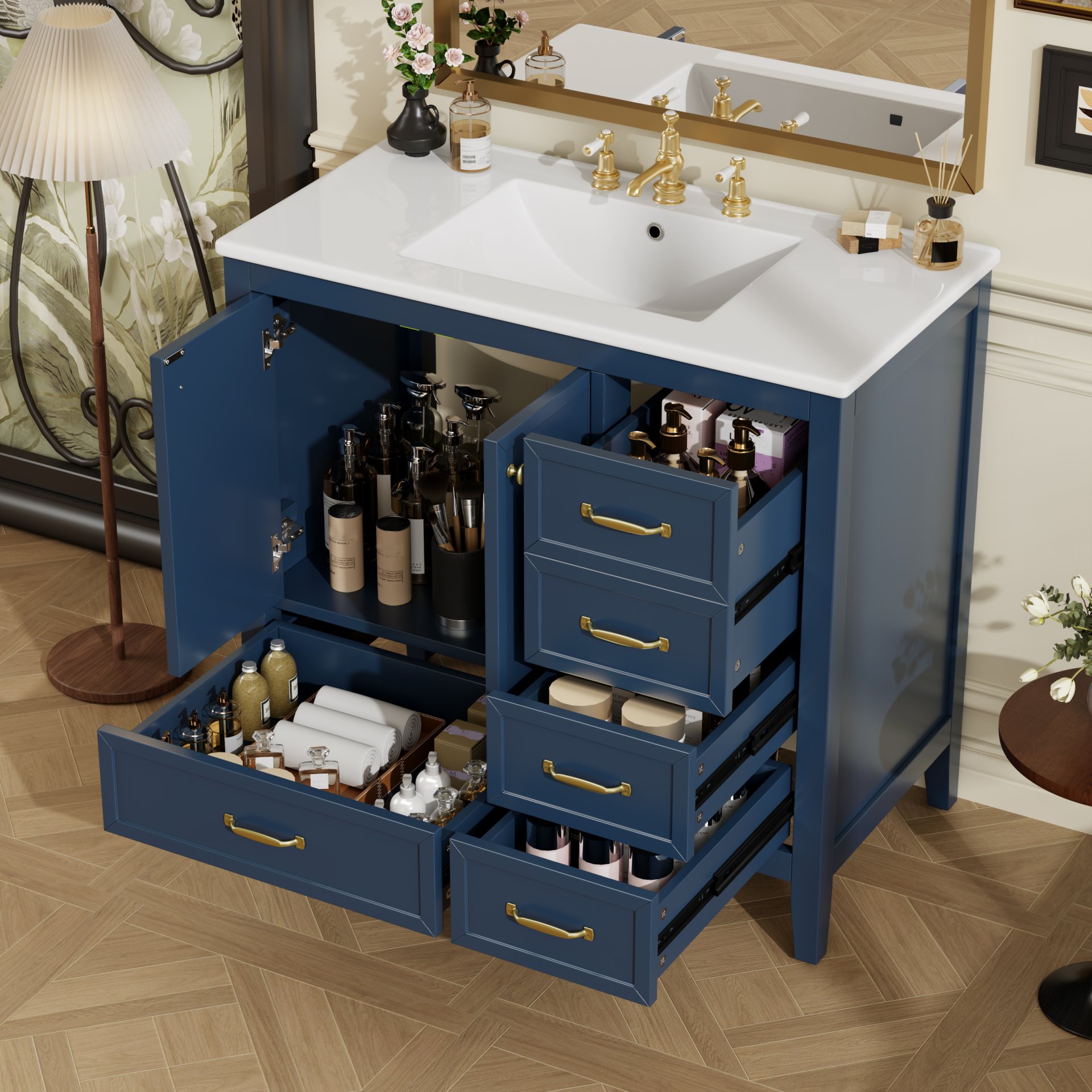 Elegant Vintage 36" Bathroom Vanity With Sink, Soft Closing Door, 4 Drawers Of Different Sizes Frame And Leg - Blue - Image 2