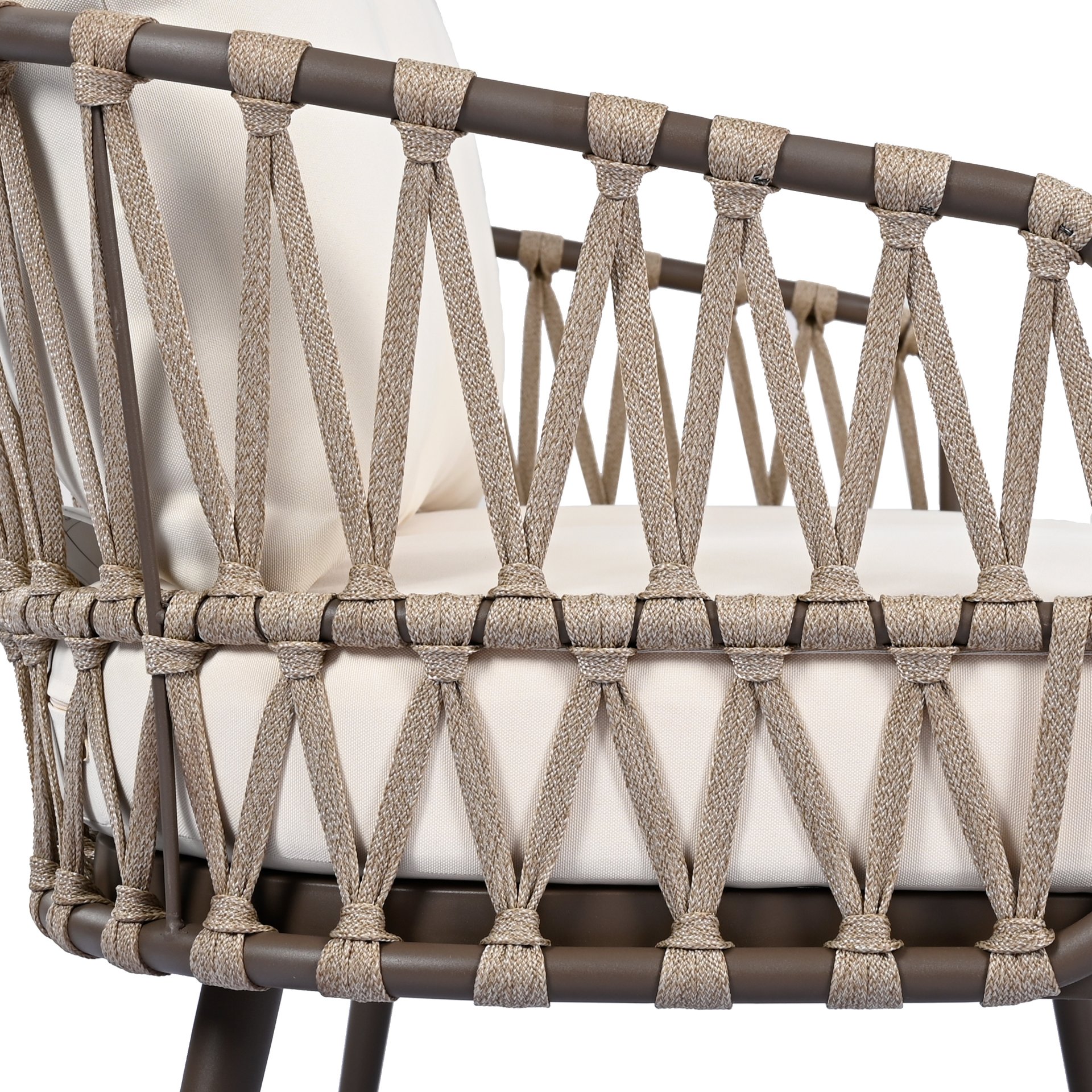 4 Piece Outdoor Patio Furniture Set, Metal Chairs With Woven Rope U Shaped Backrest, Outdoor Conversation Set With Thick Cushions And Coffee Table For Garden, Poolside, Balcony - Brown / Beige - Image 23