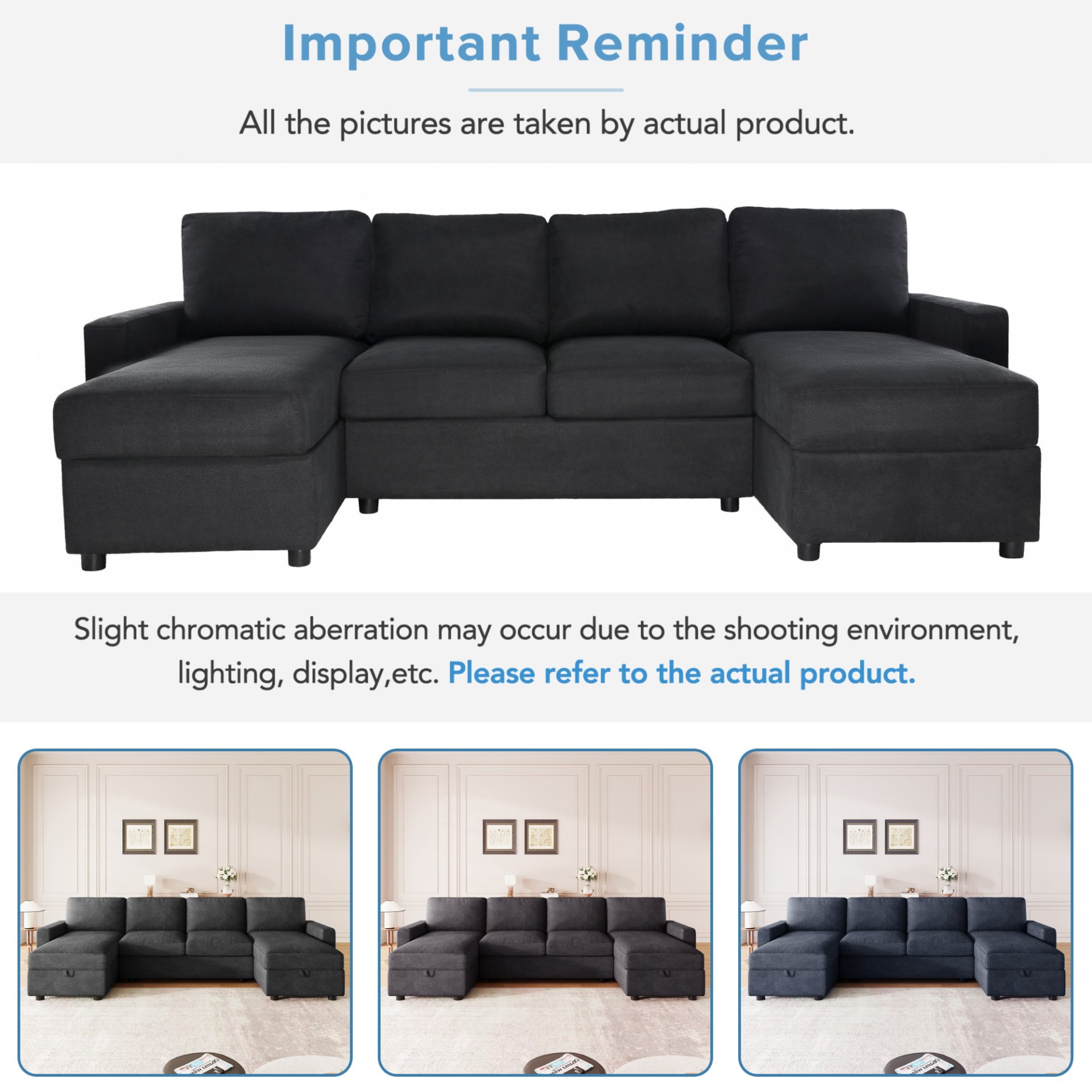 Convertible U Shaped Sectional Sofa With Storage Chaise Lounges And USB Ports - Black - Image 7