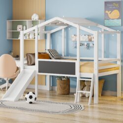 Twin Size Loft House Bed With Ladder And Slide, With Blackboard And Light Strip On The Roof - White