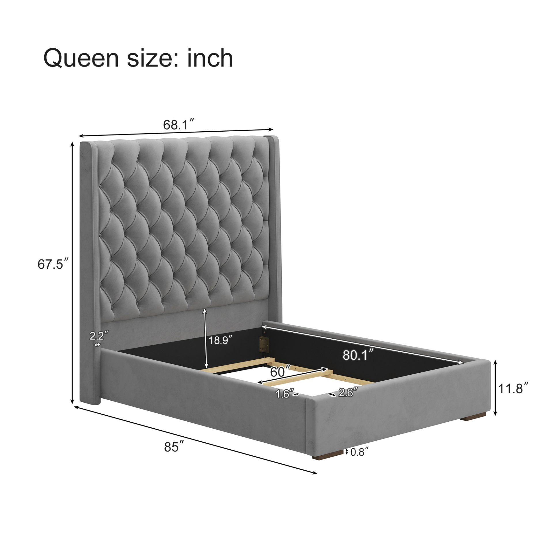 Tall Headboard Upholstered Queen Size Bed With Handmade Deep Button Tufted, Box Spring Needed, Velvet - Gray - Image 3