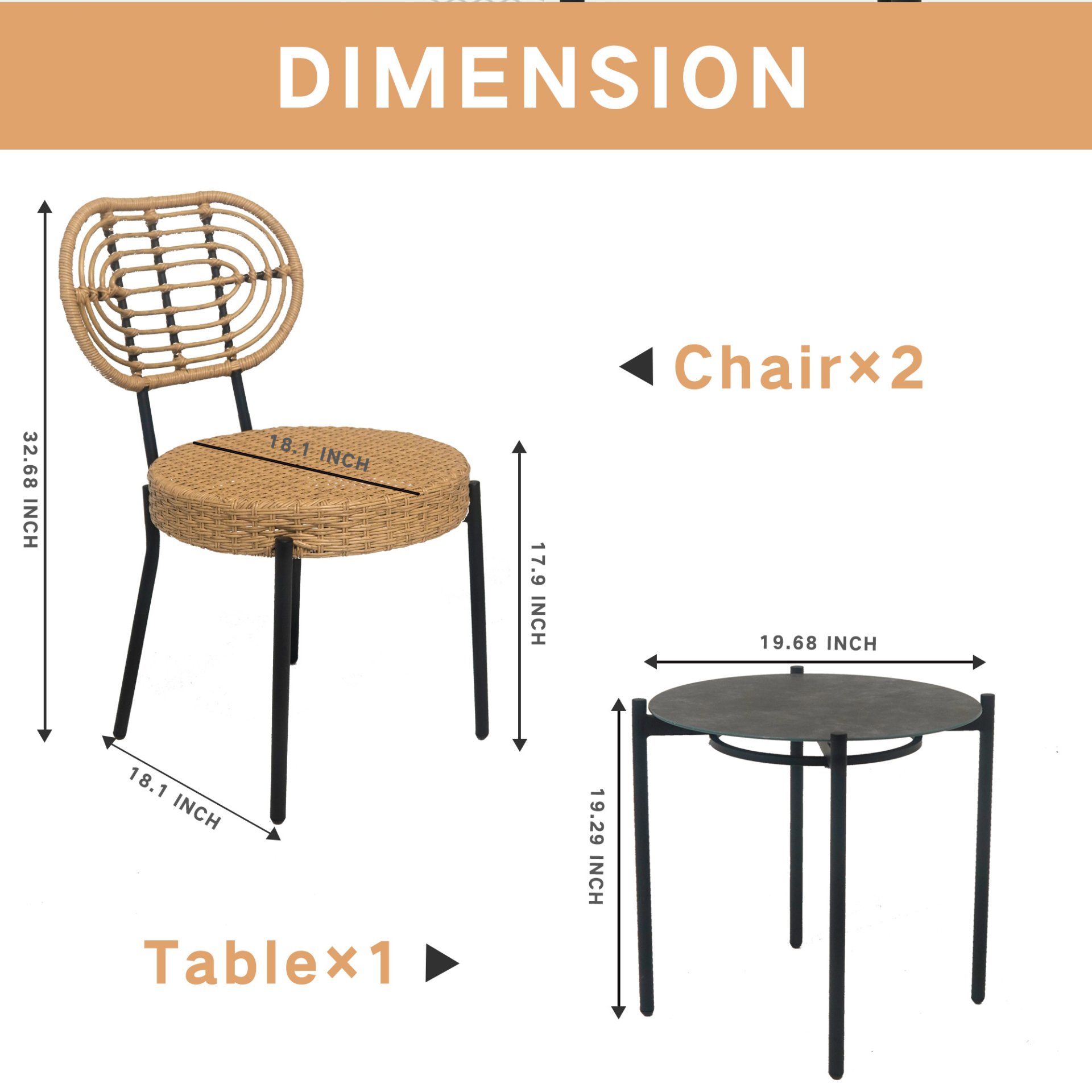3 Pieces Of Luxury Outdoor Wicker Furniture Patio Bistro Style Table And Chair Combination, Weather Resistant PE Wicker Weave, Suitable For Garden - Black / Natural - Image 3