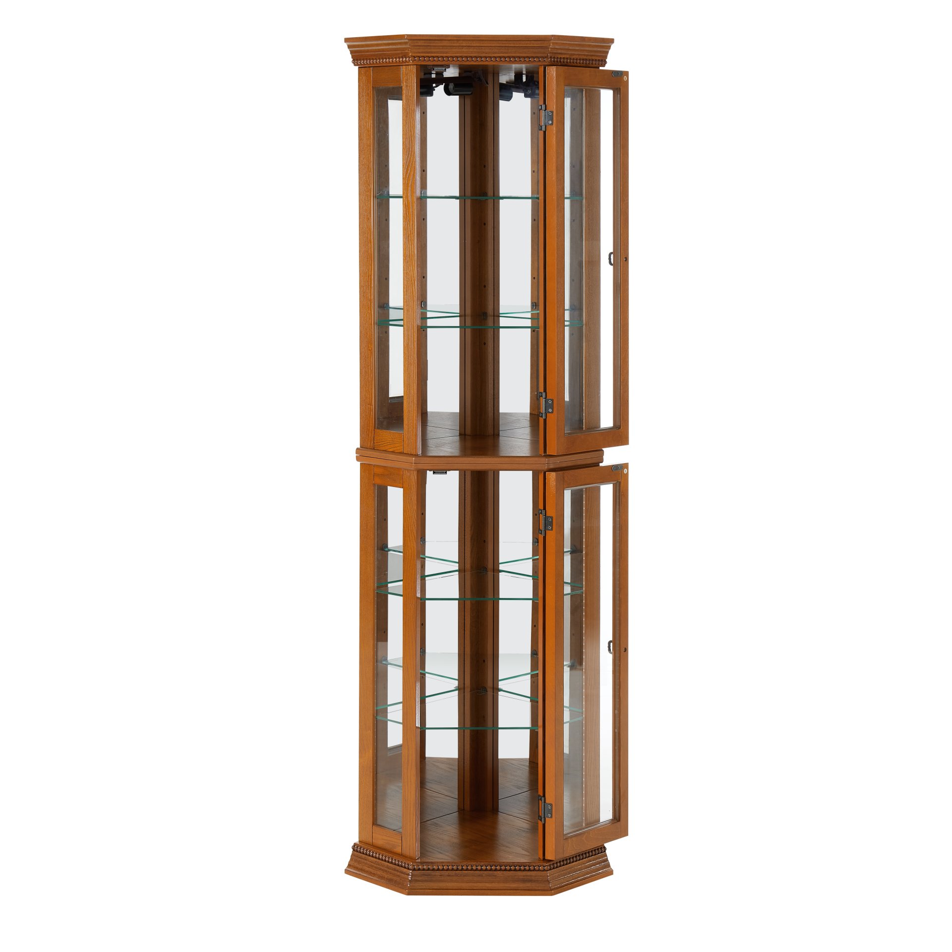 Corner Curio Cabinet With Lights, Adjustable Tempered Glass Shelves, Mirrored Back, Display Cabinet (E26 Light Bulb Not Included) - Oak - Image 9