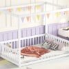 Full Size Canopy Frame Floor Bed With Fence, Guardrails - White - Image 12