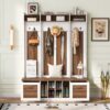 5 In 1 Entryway Bench With Coat Rack, 7 Sturdy Hooks, 2 Spacious Drawers And Adjustable Shelves, Wide Hall Tree With Metal Handles For Hallway - Brown / White - Image 6