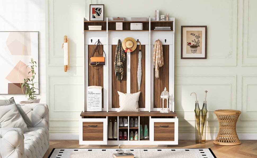 5 In 1 Entryway Bench With Coat Rack, 7 Sturdy Hooks, 2 Spacious Drawers And Adjustable Shelves, Wide Hall Tree With Metal Handles For Hallway - Brown / White - Image 6