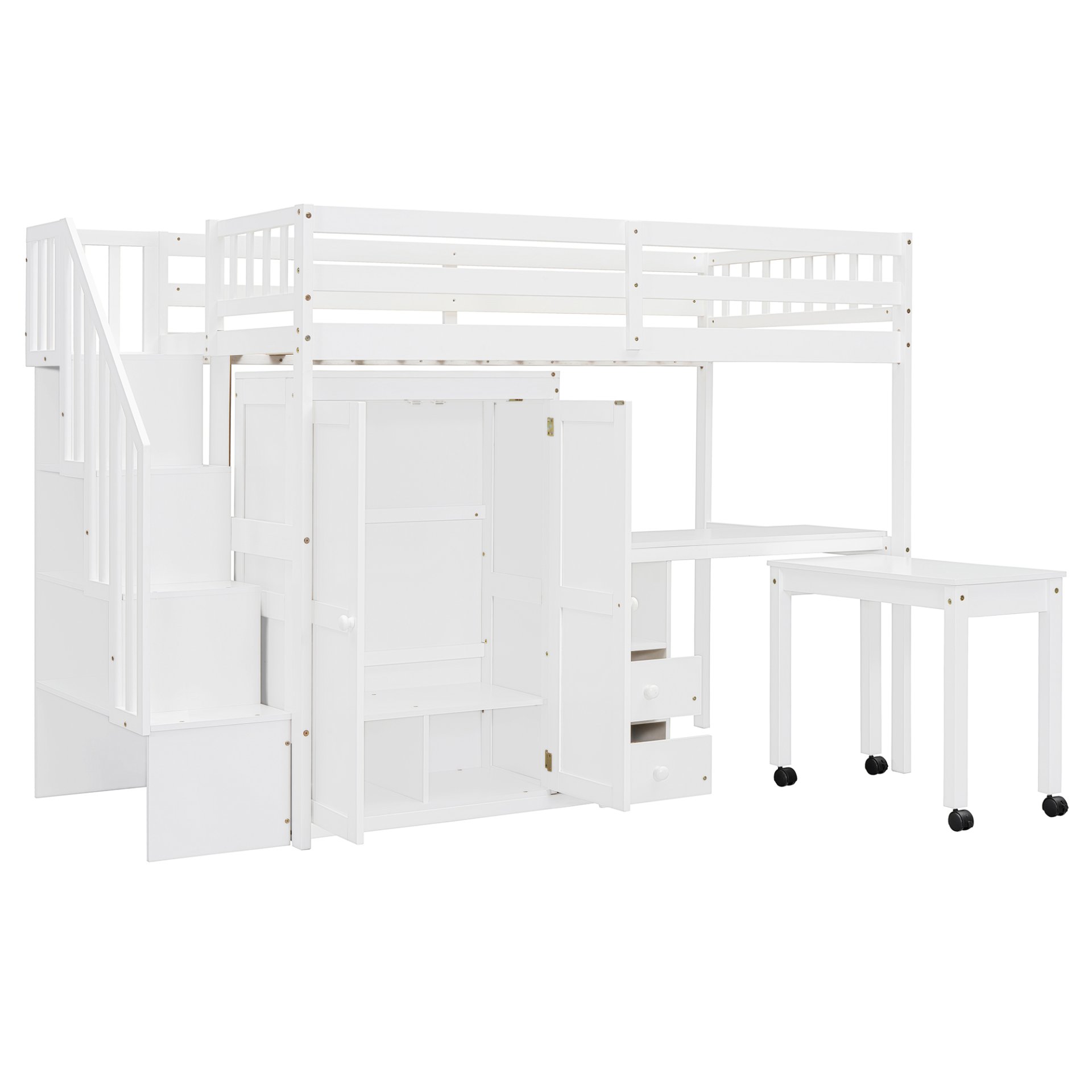 Twin Size Loft Bed With Stairs, Bookshelf, Drawers, Desk & Wardrobe, Space Saving Multifunctional Furniture - White - Image 5