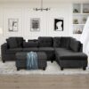 Modern Sectional Sofa With Storage Ottoman, L - Shape Couch With 2 Pillows And Cup Holders - Black - Image 9