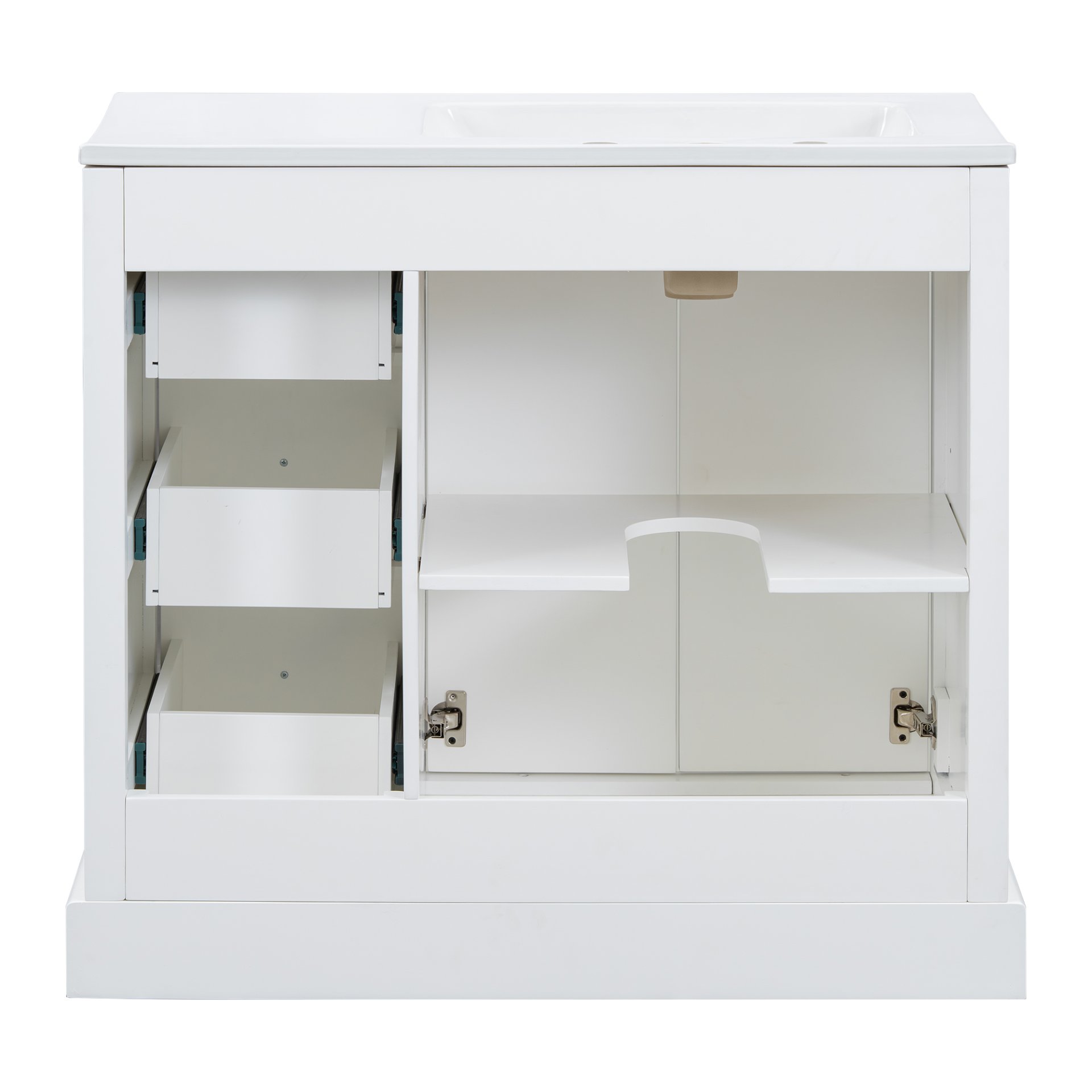 36" Transitional Bathroom Vanity With Sink, Soft Close Doors, Adjustable U Shelf, 3 Drawers - White - Image 18