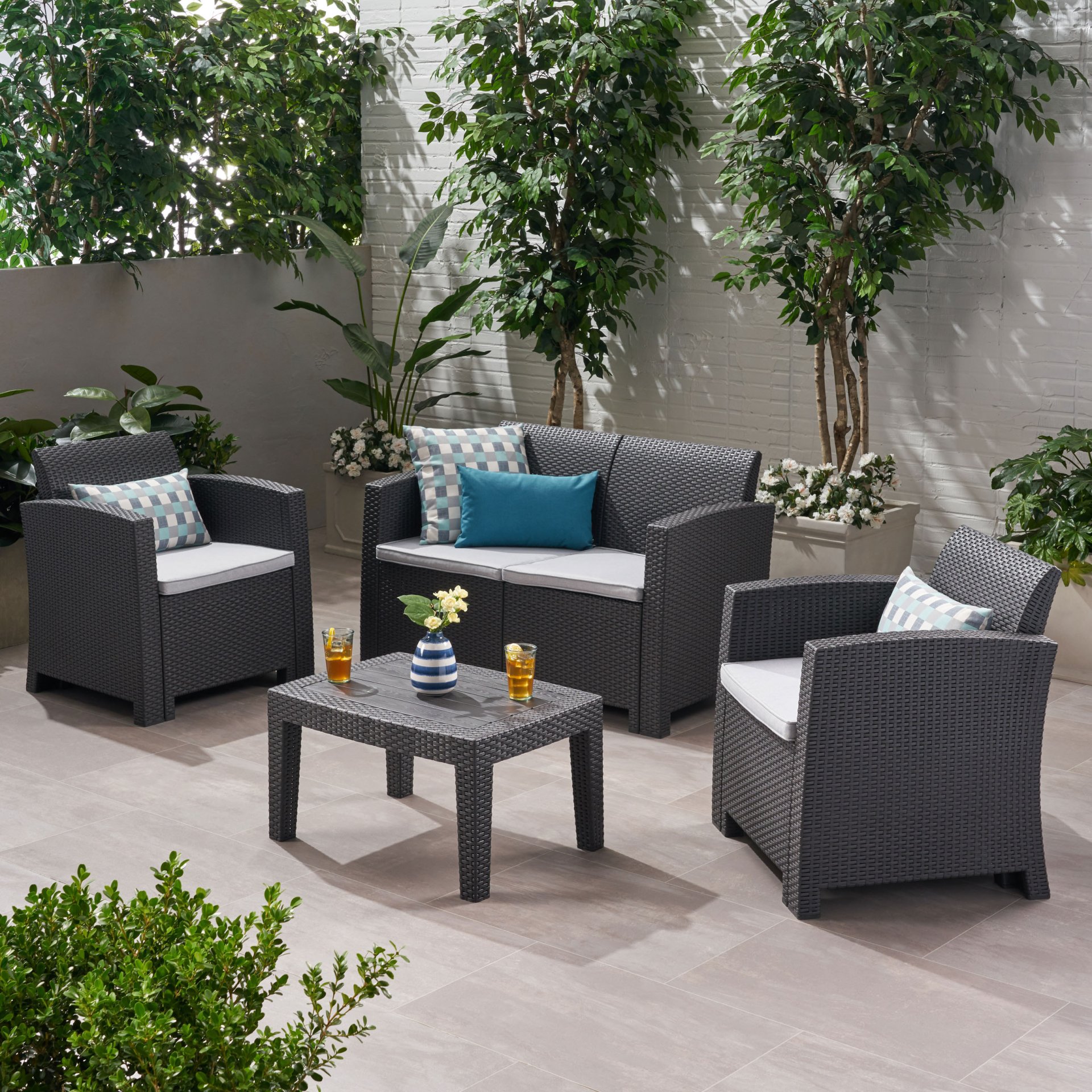 Zephyra - Outdoor 4 Piece Faux Wicker Rattan Chat Set With Water Resistant Cushions - Gray - Image 2