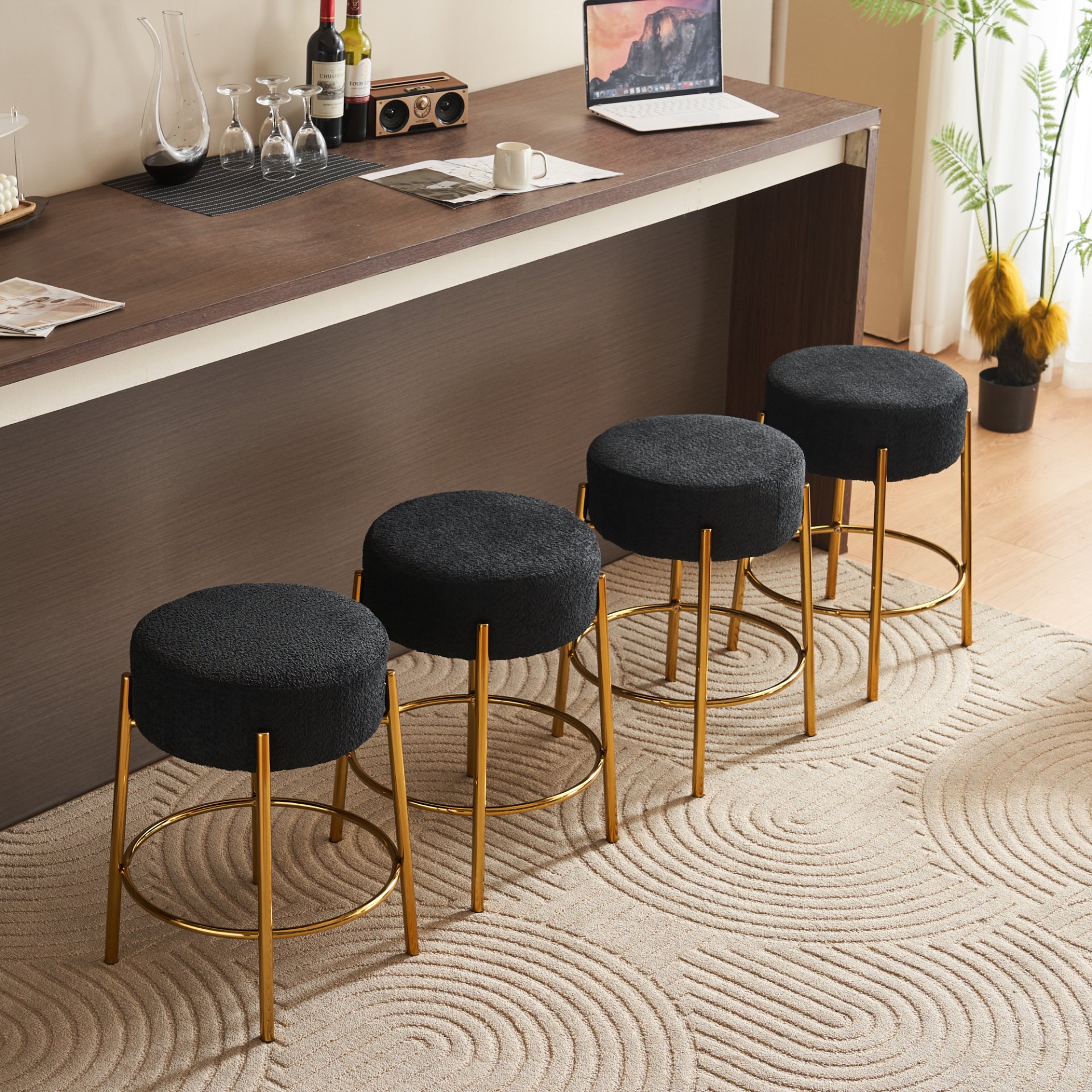Round Bar Stools (Set of 2), Contemporary Upholstered Dining Stools For Kitchens, Coffee Shops And Bar Stores - Black / Gold - Image 2
