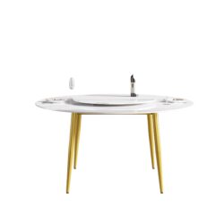 59.05" Modern Artificial Stone Round Golden Metal Dining Table, Can Accommodate 6 People Artificial Stone Turntable - White / Gold