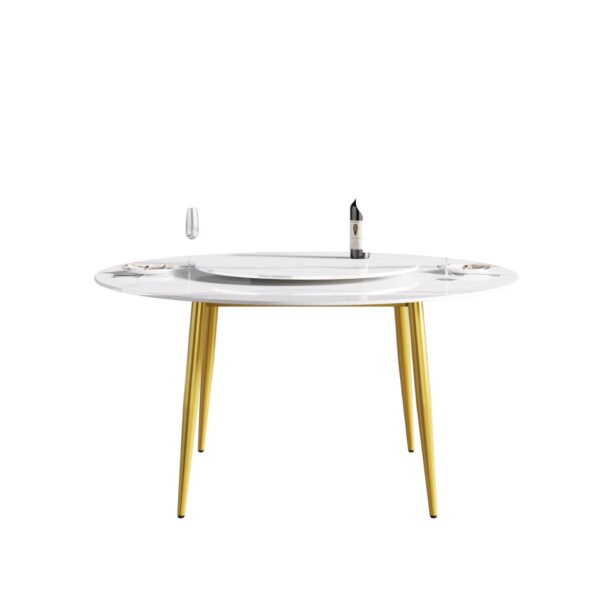 59.05" Modern Artificial Stone Round Golden Metal Dining Table, Can Accommodate 6 People Artificial Stone Turntable - White / Gold