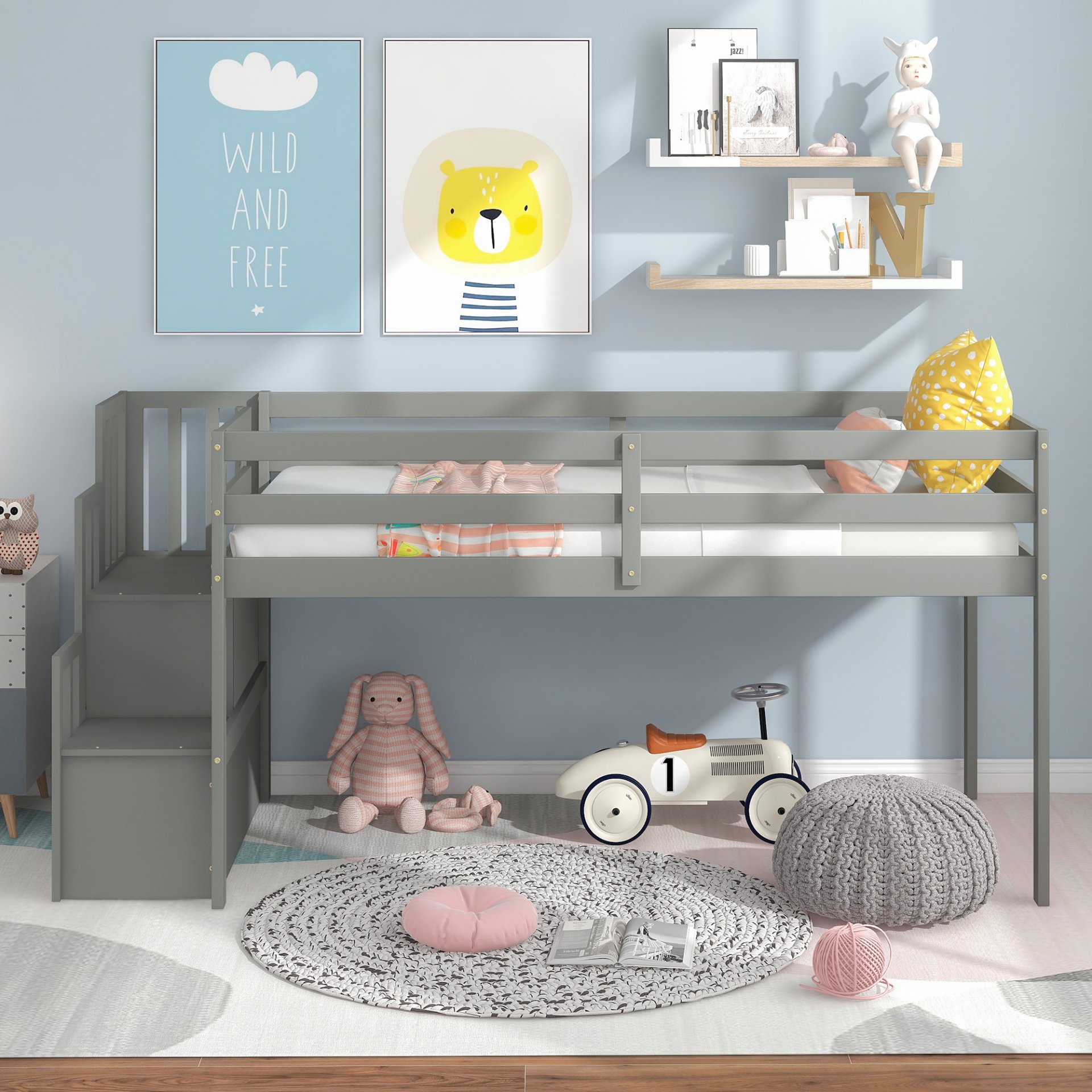 Loft Bed With Staircase - Gray - Image 3