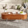 Lift Top Coffee Table With 360 Degree Marble Patterned Rotating Tray, Hidden Compartment, Partially Assembled Wooden Center Table, Modern Oval Lift Tabletop For Home Living Room - Brown - Image 4