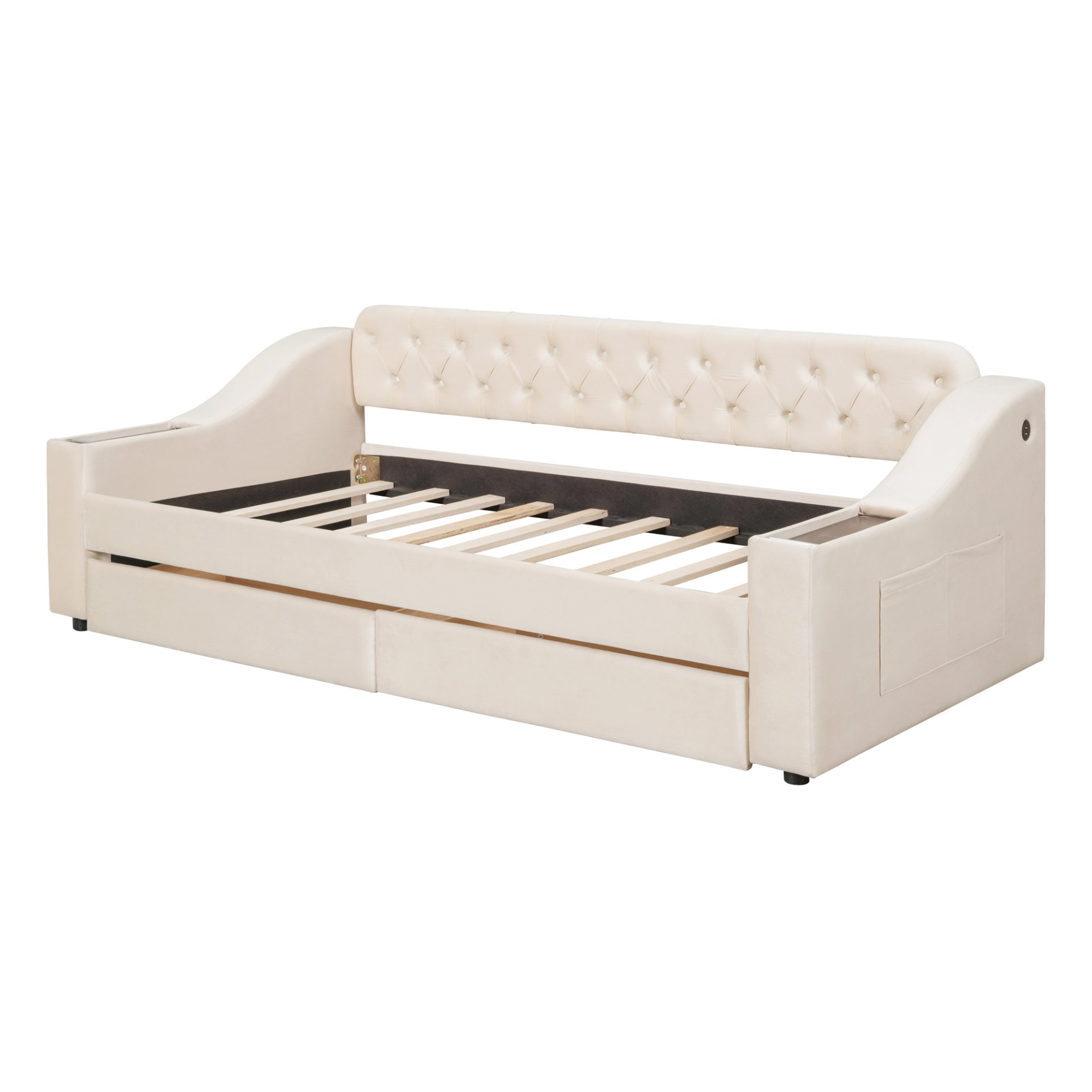 Twin Size Upholstered Daybed With Storage Armrests And USB Port - Beige - Image 5
