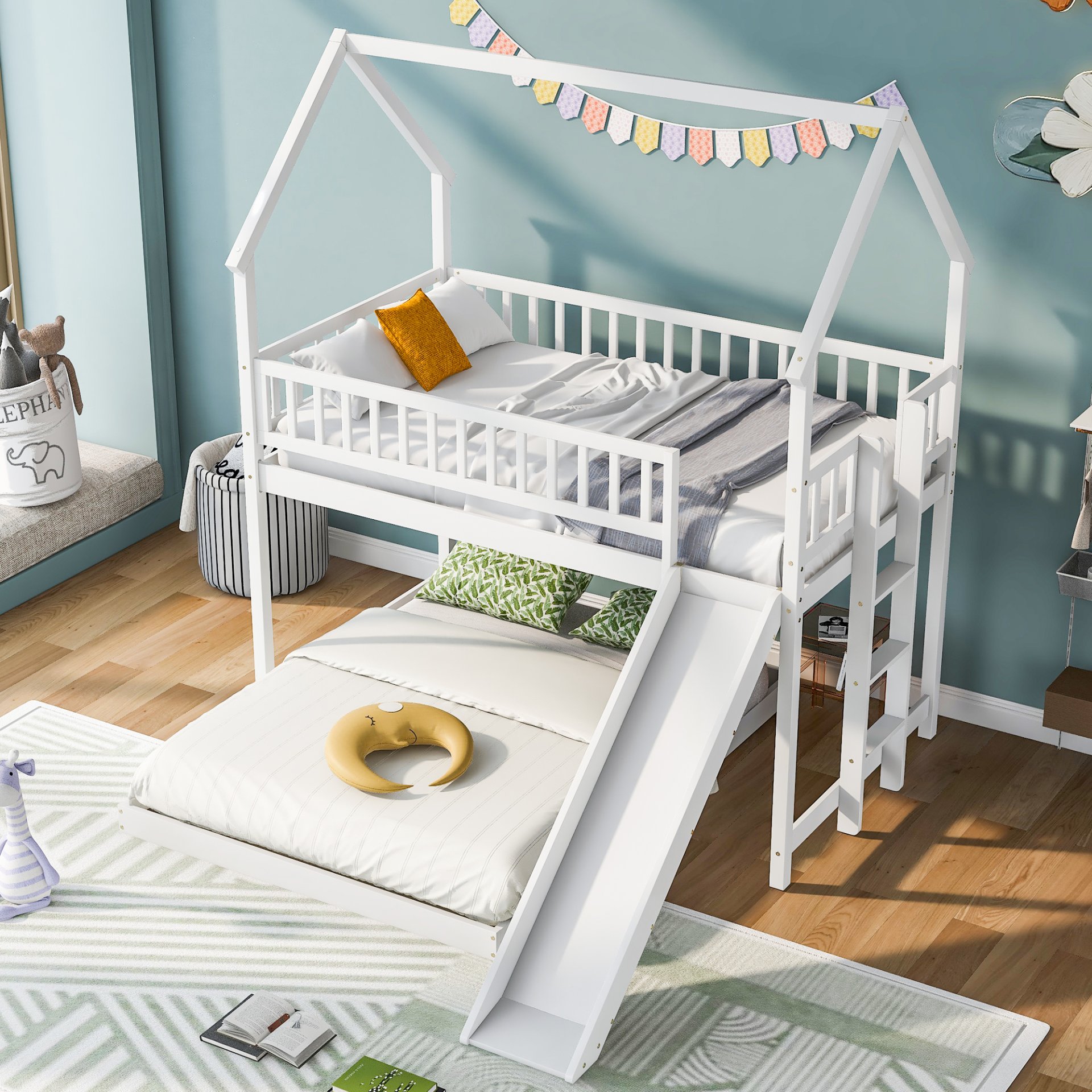 Hearth & Haven - Twin Over Full House Bunk Bed With Slide, Built In Ladder And Full Length Guardrail - White - Image 4