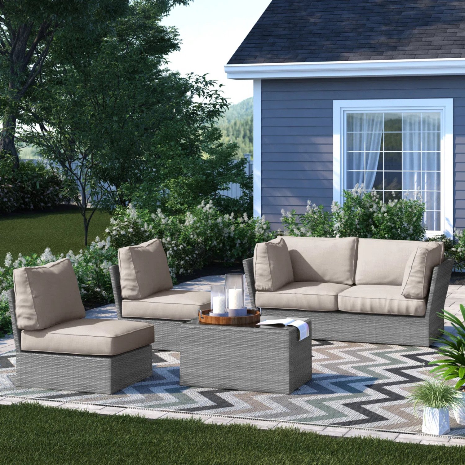 Modular Patio Seating Group For 4 With Cushions - Gray Mix - Image 2