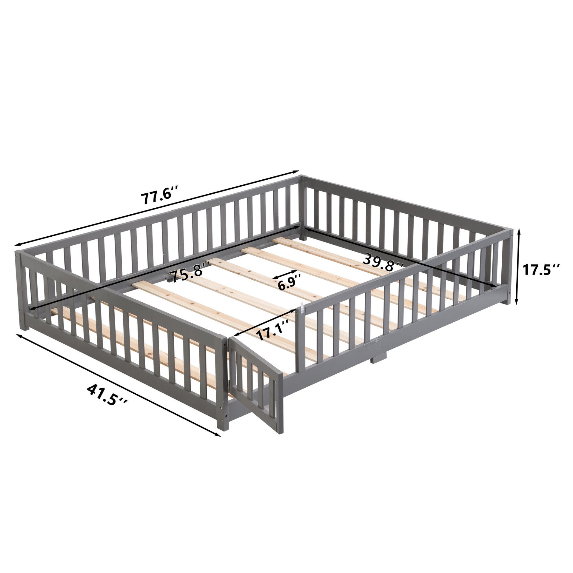 Twin Size Floor Bed With Door And Safety Fence For Children - Gray - Image 3