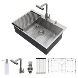 Drop In Kitchen Sink With Pull Down Faucet And Soap Dispenser - Brushed Nickel
