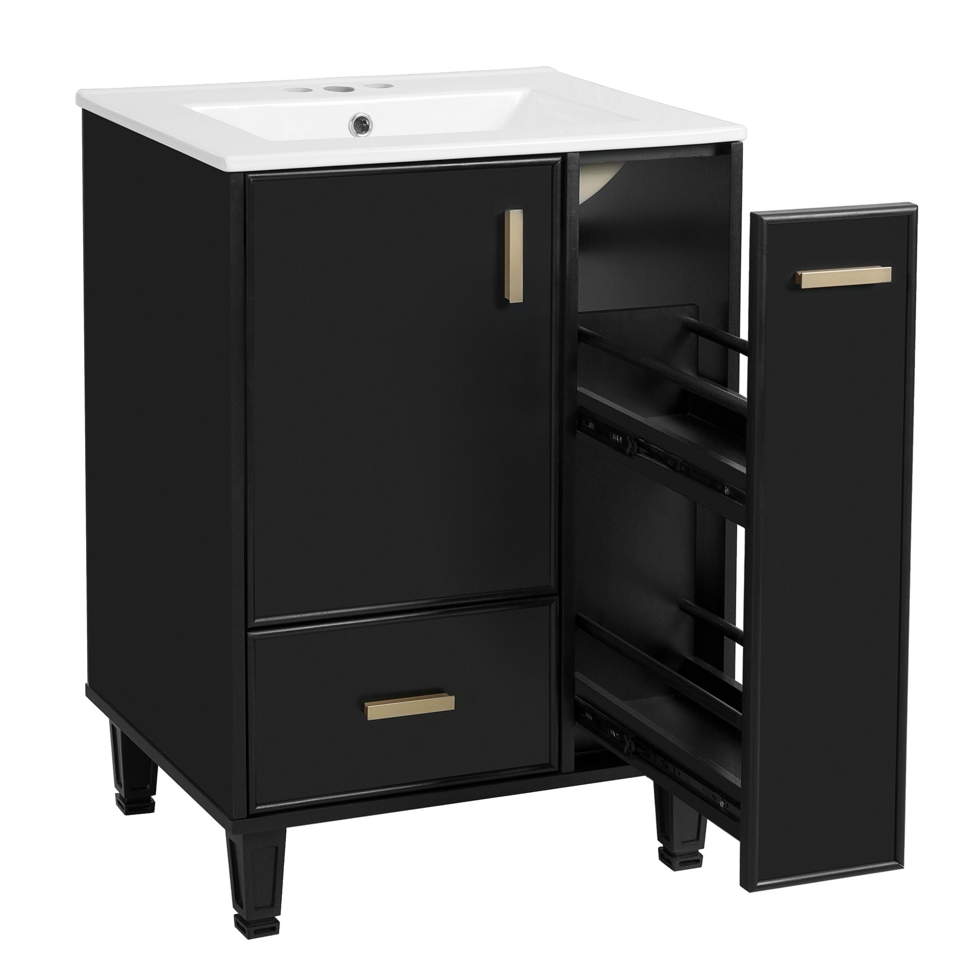 Modern Solid Wood And 24" Bathroom Vanity With Sink, Deep Drawer, Door Shelf, 2 Tier Basket - Black - Image 14