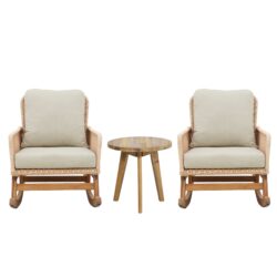 Modern 3 Piece Outdoor Seating Set With Cushioned Rattan Rocking Chairs And Wooden Accent Table - Beige
