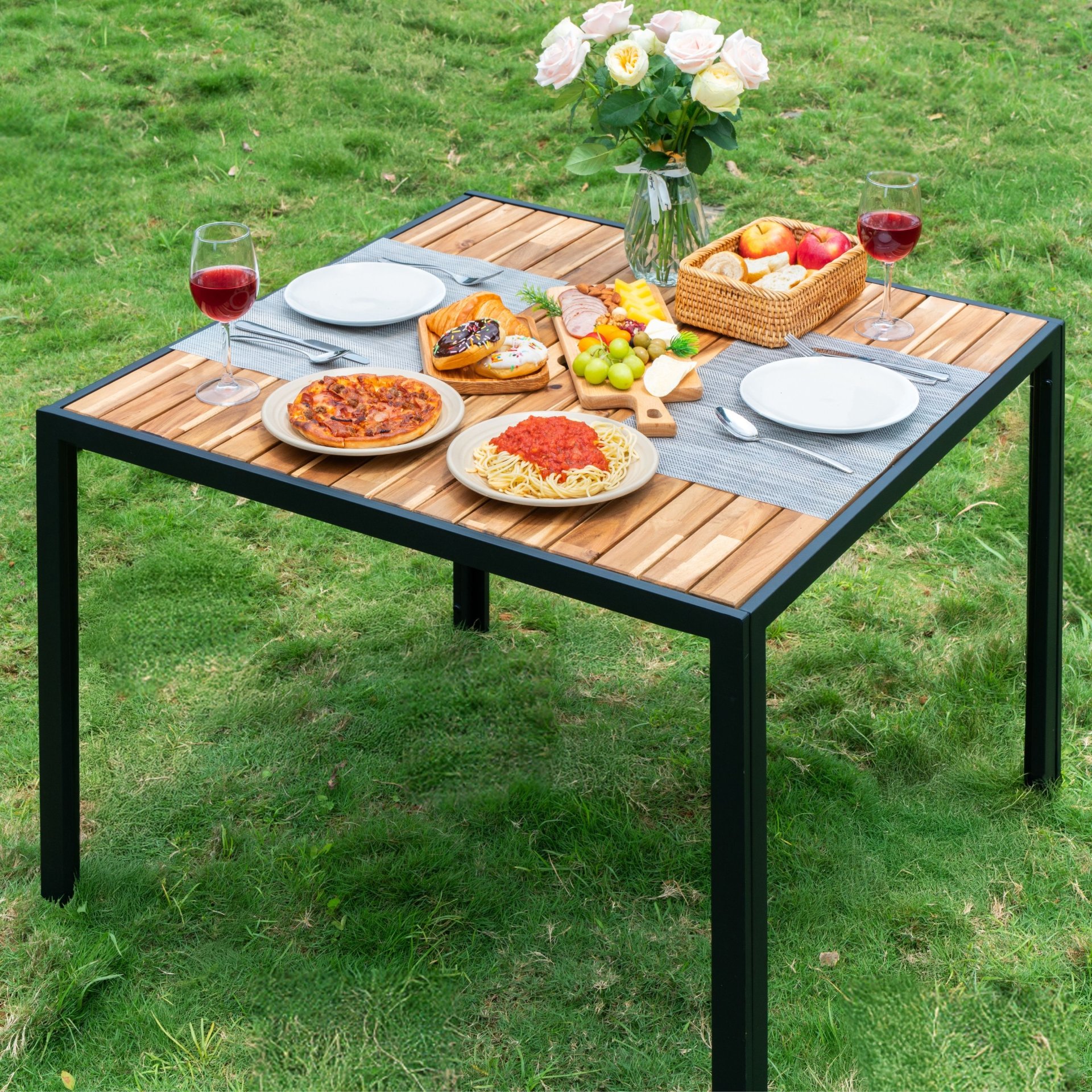 All Weather 5 Piece Patio Dining Table Set, Acacia Wood Table Top With Umbrella Hole, Rattan Outdoor - Coffee Brown - Image 18