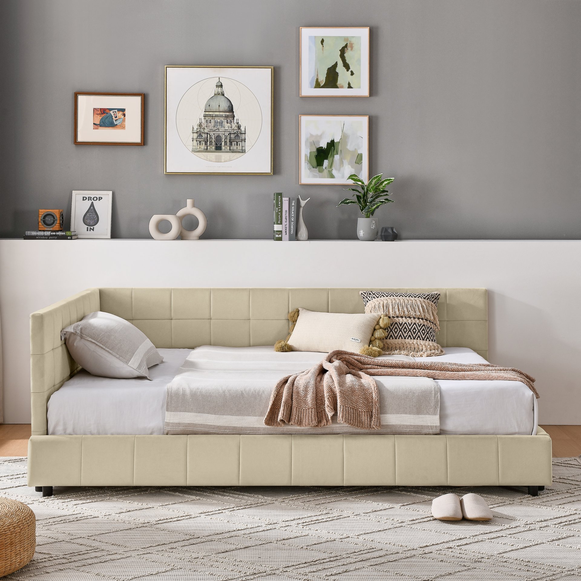 Mid Century Full Size Upholstered Tufted Bed Frame With Comfortable Backrest And Armrests Velvet - Beige - Image 5