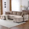 Sectional Sofa Pull Out Sofa Bed Versatile Sofa Sleeper With Large Storage Space, Two USB Ports And Two Cup Holders For Living Room - Brown - Image 12