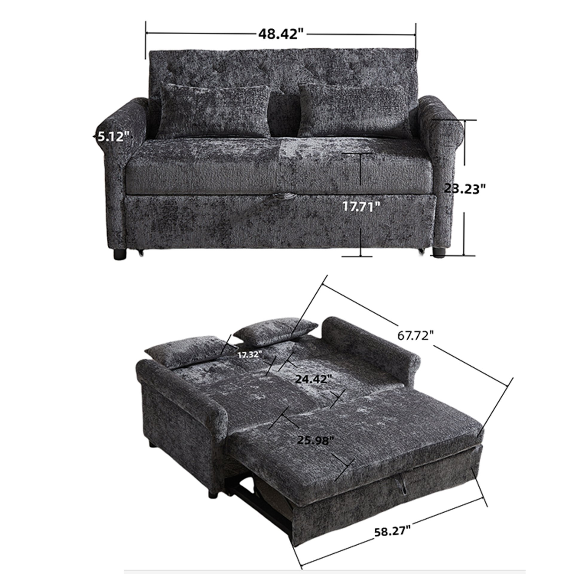 3 In 1 Loveseat Sofa Bed Chenille Fabric Pull Out Couch Sleeper Full Back Frame, Seat Frame, Armrests & 2 Pillows - Dark Gray - Image 3