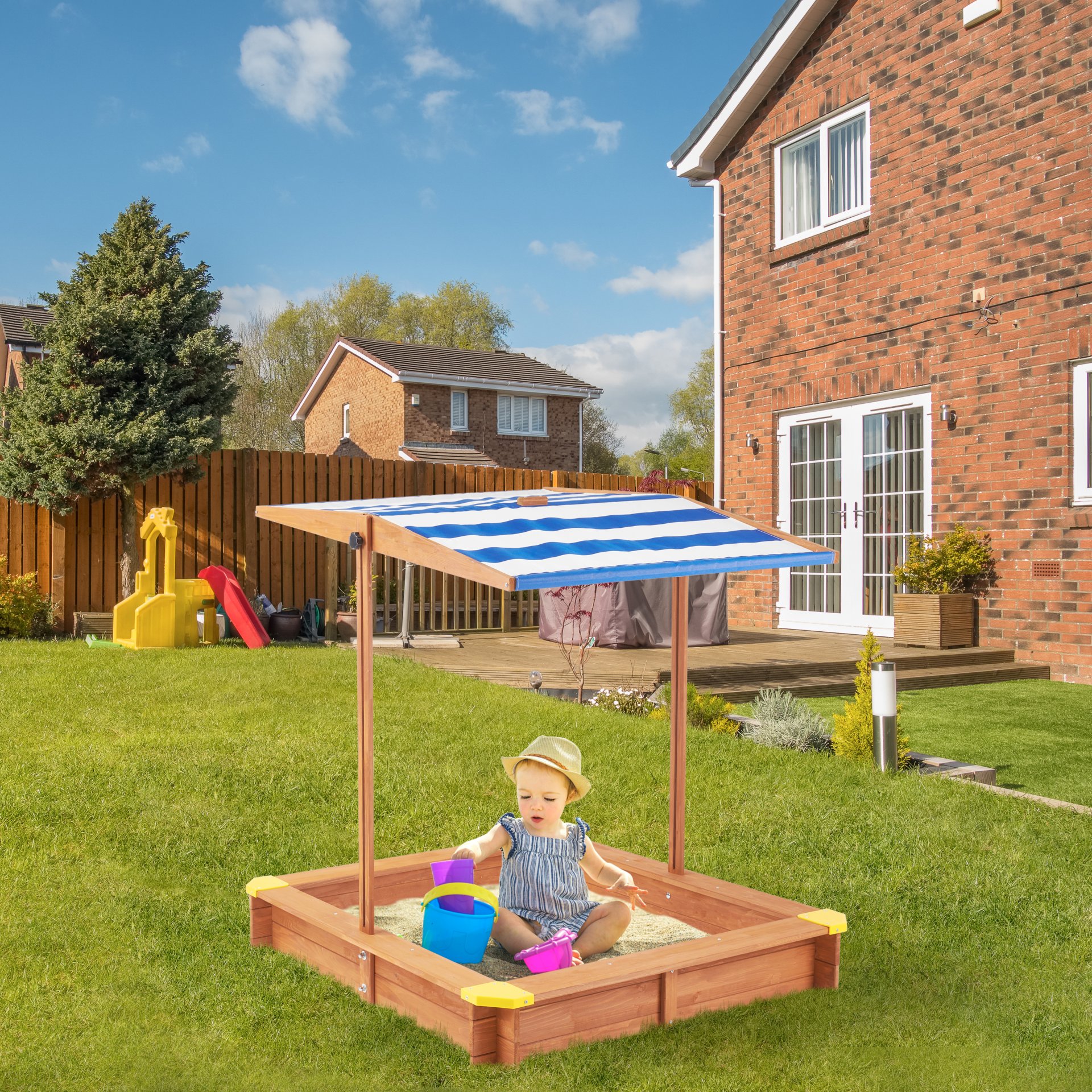 Kids Sandbox With Cover, Sand Box With Adjustable Canopy, Large Outdoor Cedar Sandpit For Backyard Play - Reddish Brown - Image 5