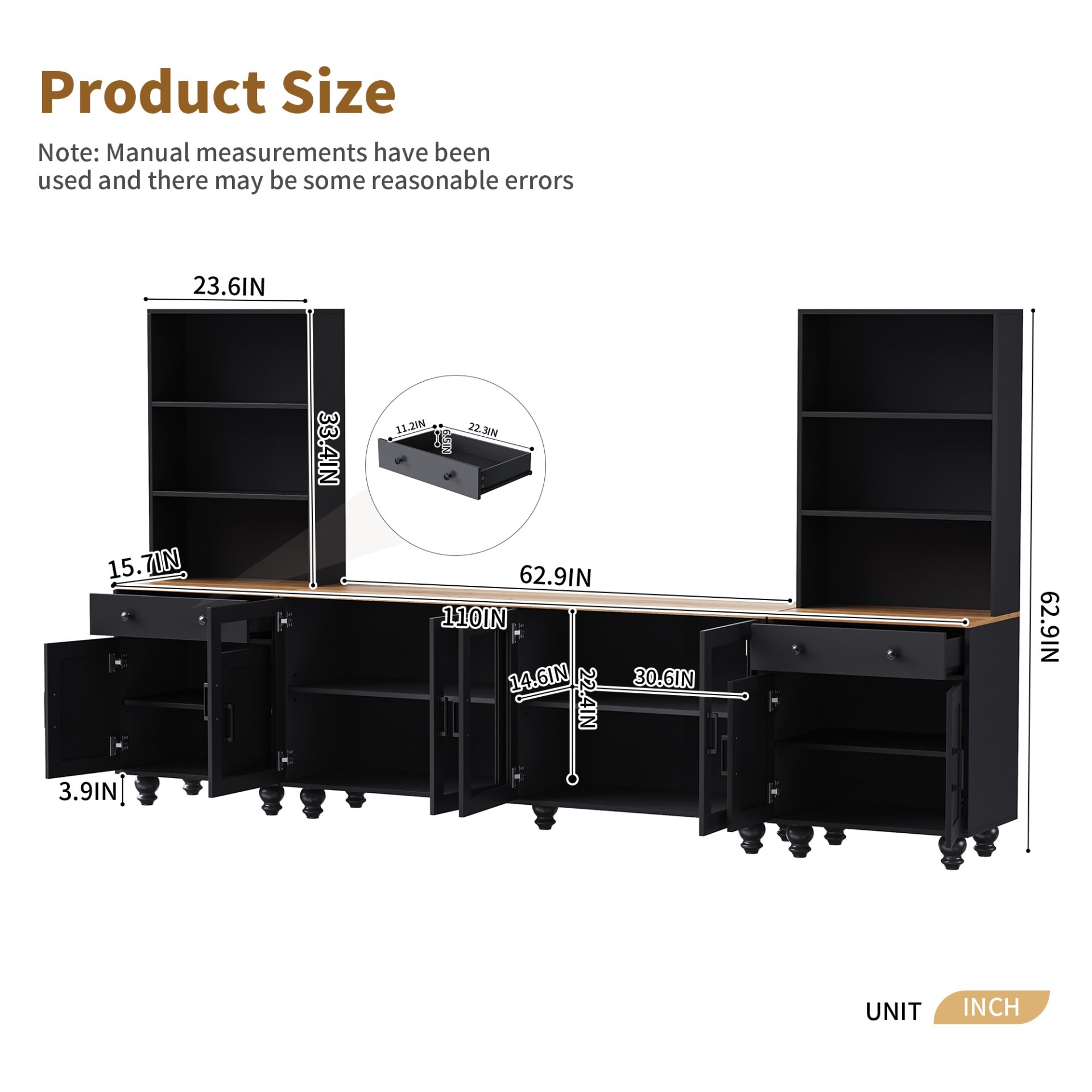 Farmhouse TV Stand With Solid Wood Gourd Shaped Legs For TVs Up To 70", Entertainment Center With Bookshelves & Tempered Glass Doors, Media Console With Adjustable Shelves, Living Room - Black / Natural - Image 4
