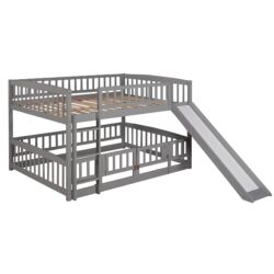 Full Over Full Low Bunk Bed With Slide, Fence And Ladder - Gray