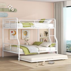 Full Long Over Queen Bunk Bed With Twin Size Trundle - White