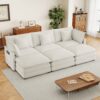 Modern Sofa Modular Sofa Couch Upholstered Corduroy Sectional Sofa With Side Storage Pockets And 3 Movable Ottomans For Living Room - Beige - Image 14